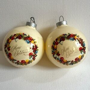 Vintage 1980 Rauch Merry Christmas Wreath Plastic Overlay Ornaments Set of 2